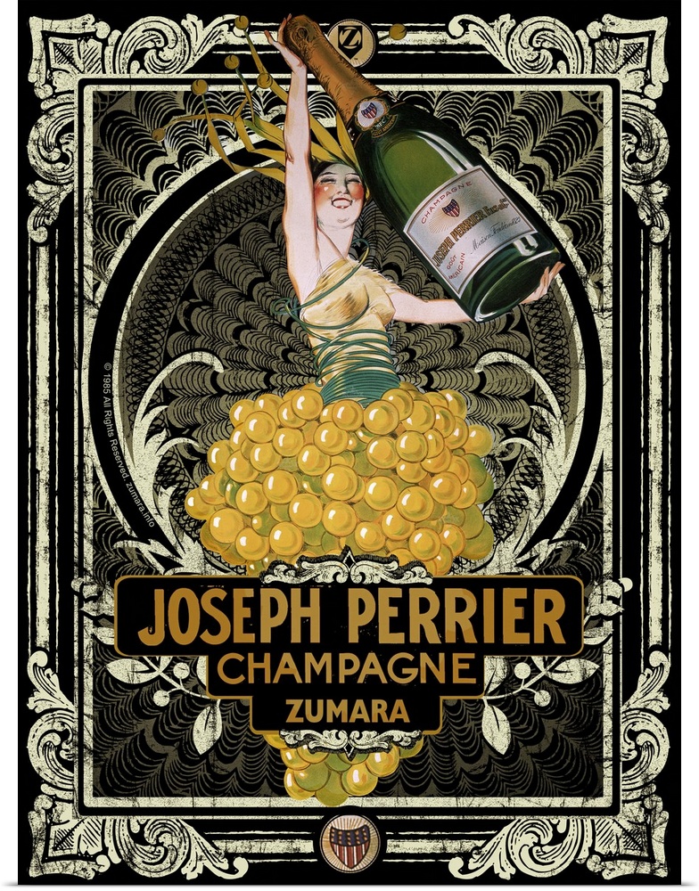 Vintage poster of a person holding up a life size bottle of champagne as they stand in a bushel of grapes.