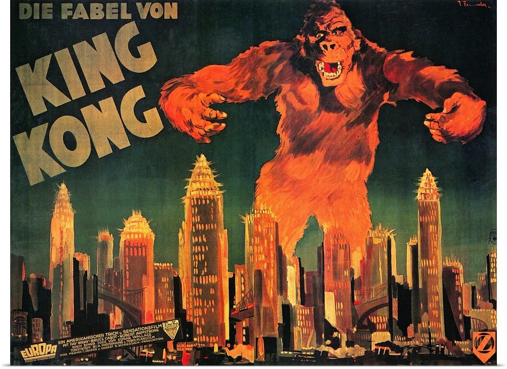 Large landscape vintage artwork of King Kong, as the large ape towers over the skyscrapers in a city, at night.