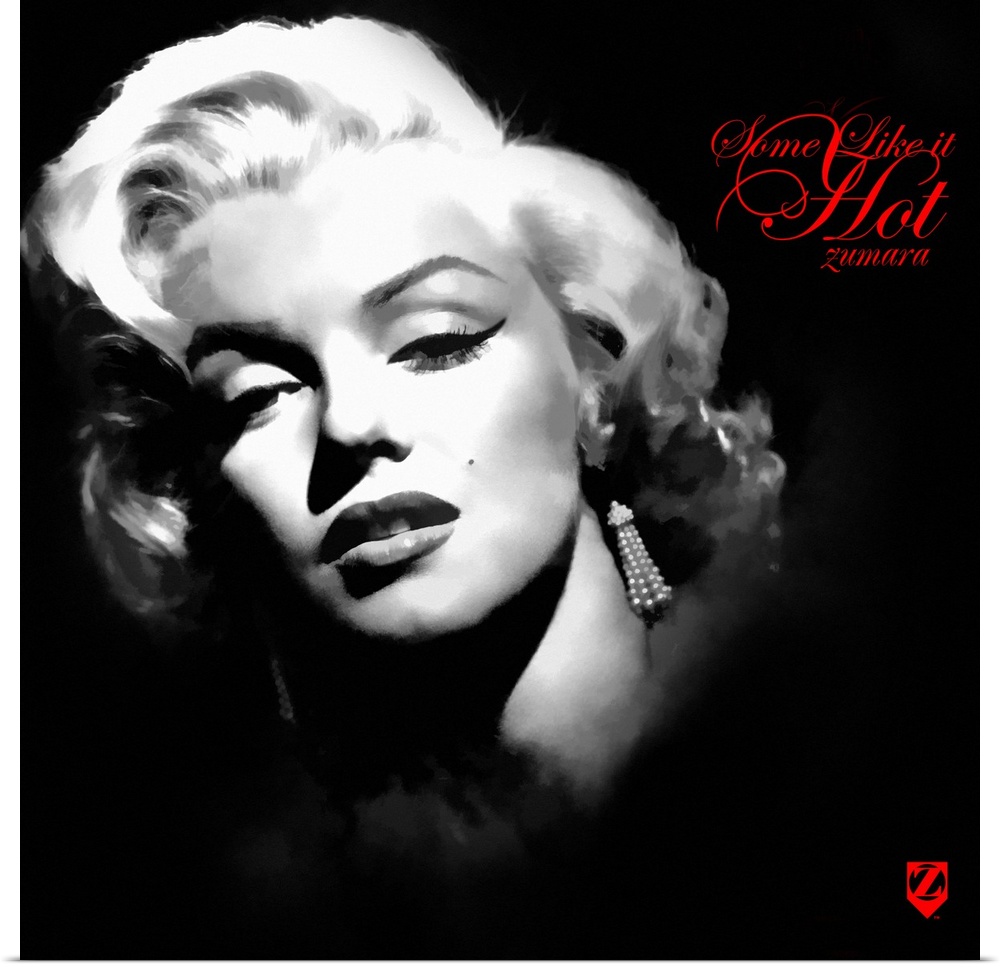 Square wall art of Marilyn Monroe with a close up of her face with a dark background behind her.