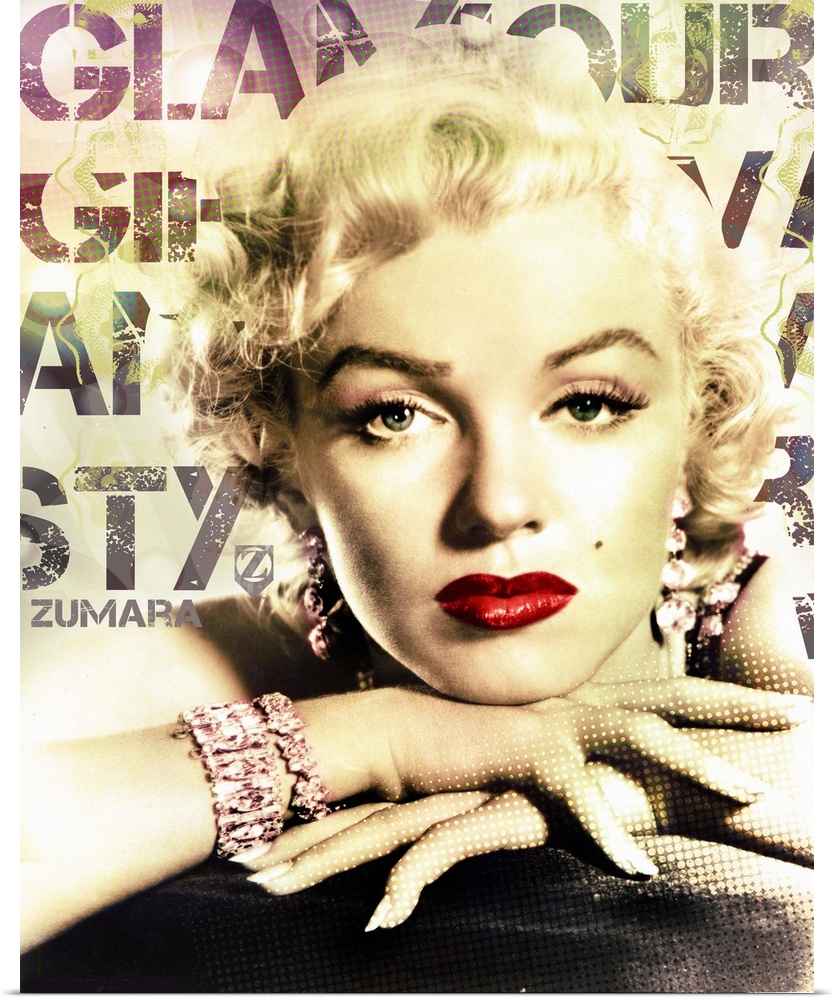 Vertical, giant wall hanging of Marilyn Monroe with her chin resting on her hands, wearing jeweled bracelet and earrings. ...