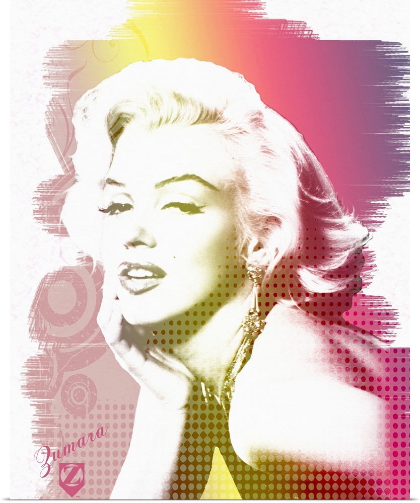 Wall art featuring Hollywood icon Marilyn Monroe against a decorative rainbow background.