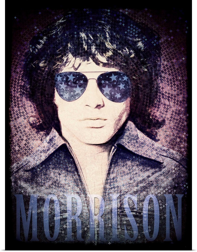 Jim Morrison wearing sunglasses reflecting stars on a psychedelic background with 'Morrison' written at the bottom.