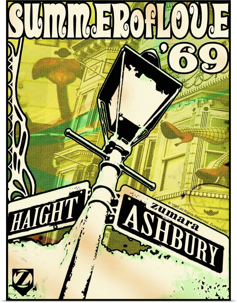 A vintage poster of a street lamp with the street signs Haight and Ashbury on either side. A house in San Francisco is fad...