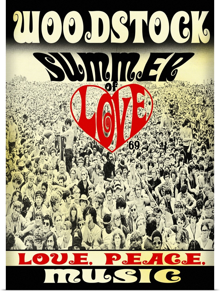 Woodstock poster with a black and white image of the crowd and 'Summer of Love,' 'Love, Peace, Music' written on top.