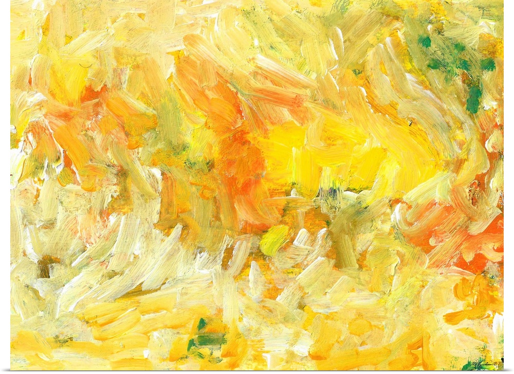 Golden State abstract painting in yellows oranges with green and cream colors.