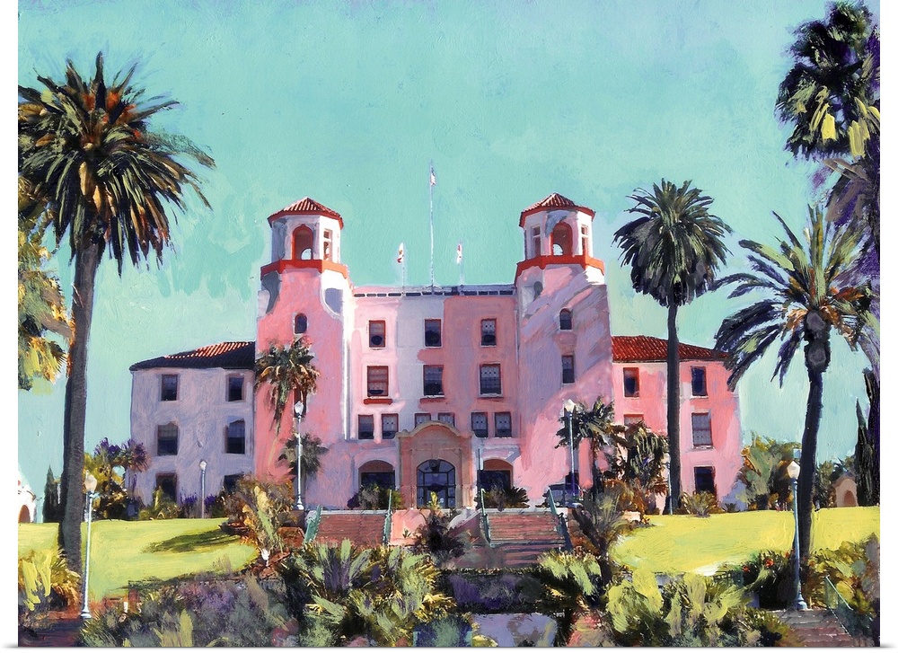 Painting of the Administration Building in Balboa Park, San Diego. Originally part of The Naval Hospital complex now the h...