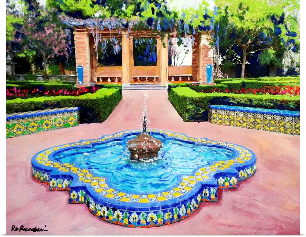 One of the fountains at historic Balboa Park's Alcazar Garden in San Diego, California. Painting by RD Riccoboni. The beau...