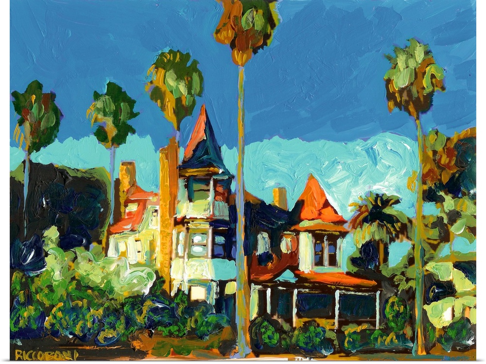 Coastal mansion known as the Baby Del on Coronado in an abstract Impressionist Style painting by RD Riccoboni.