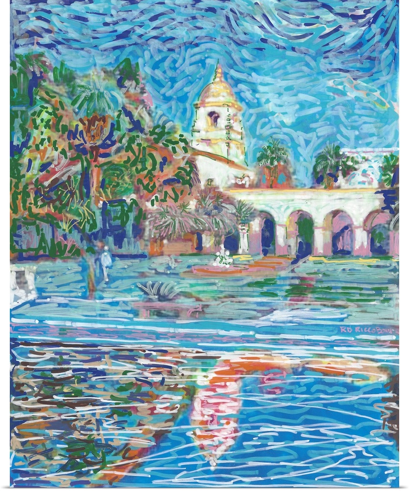 Balboa Park in San Diego, by RD Riccoboni. Mixed media painting. The reflecting pool of the Botanical garden and the arche...