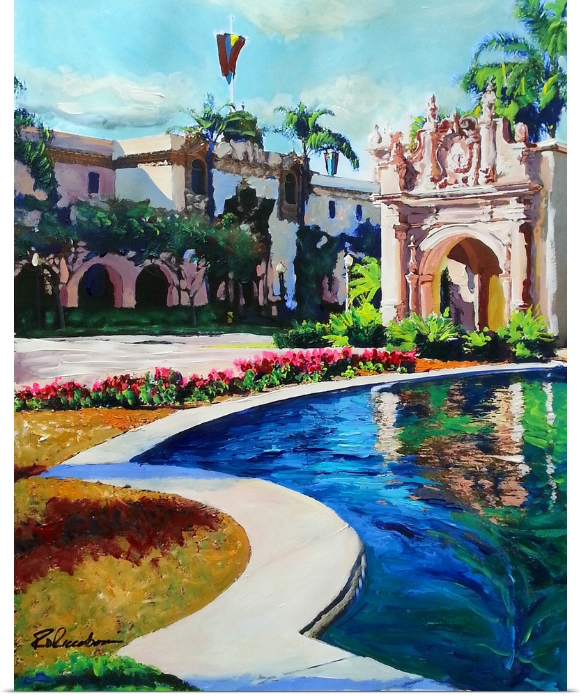 Lily Pond and Home Economy Building Arcade Entrance, painting by RD Riccoboni.  Spanish colonial revival architecture alon...