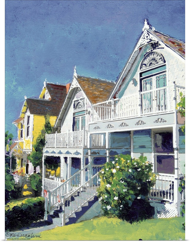 Historic sunlit Bankers Hill Victorian Cottages, near downtown San Diego, California, acrylic on canvas, painted by artist...
