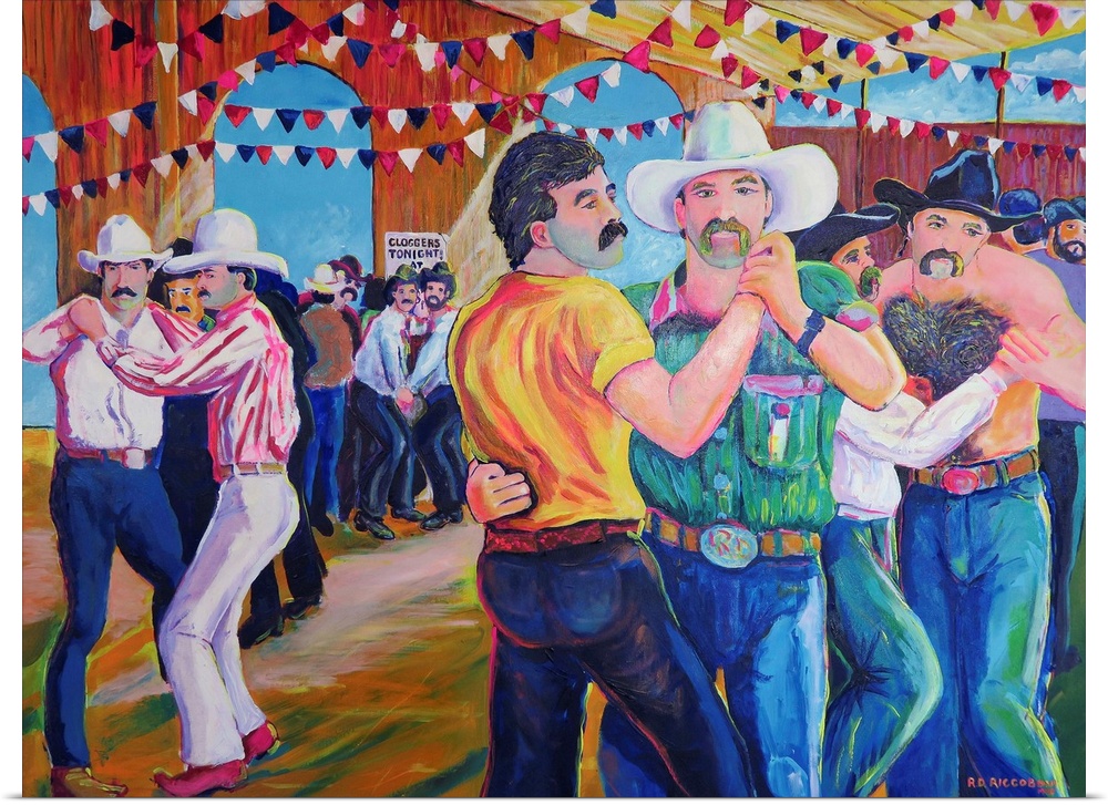 Contemporary painting of men dancing in a barn together at the Gay Rodeo.