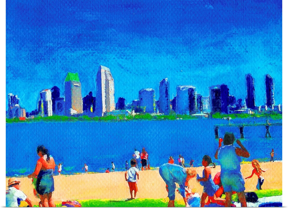 Watercolor painting of one of the best city views from the beach at the Ferry Landing on Coronado Island just across the b...