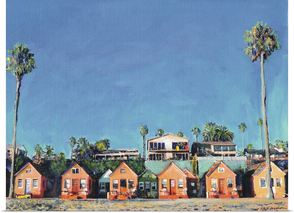 Contemporary painting of a row of beach cottages with palm trees.