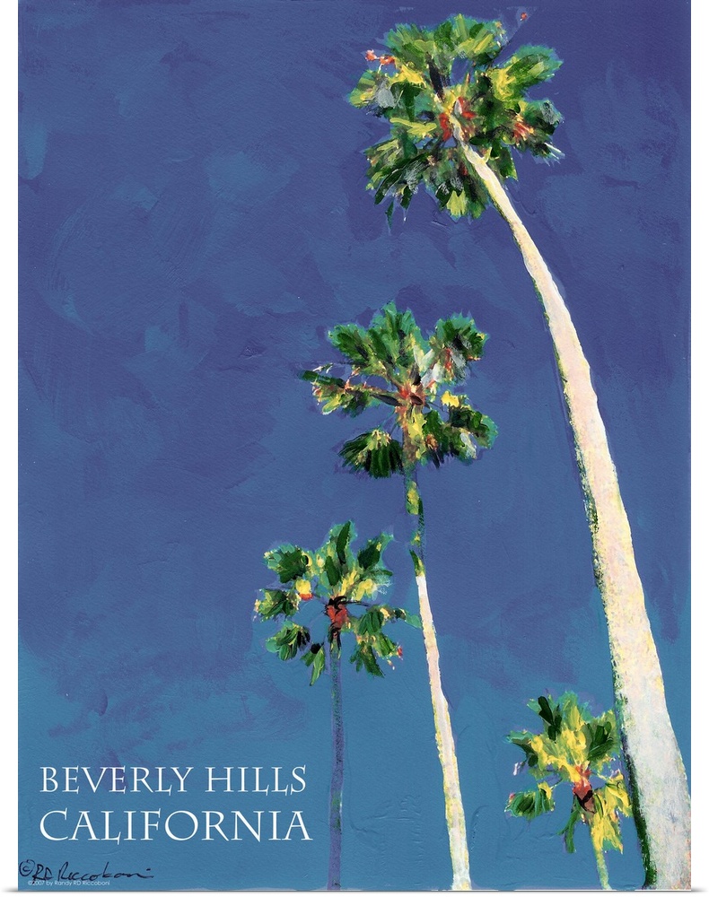 Beverly Hills, California. Painting by RD Riccoboni.  Blue sky and towering palm trees line the famous streets of Southern...