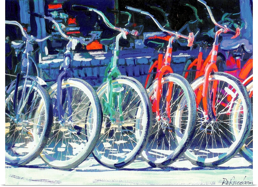 Contemporary painting of colorful bicycles parked in a row outside of a shop.