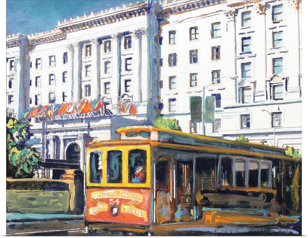 Cable Car 54, San Francisco, California, acrylic on canvas painting by RD Riccoboni.  The Fairmont Hotel is the backdrop i...