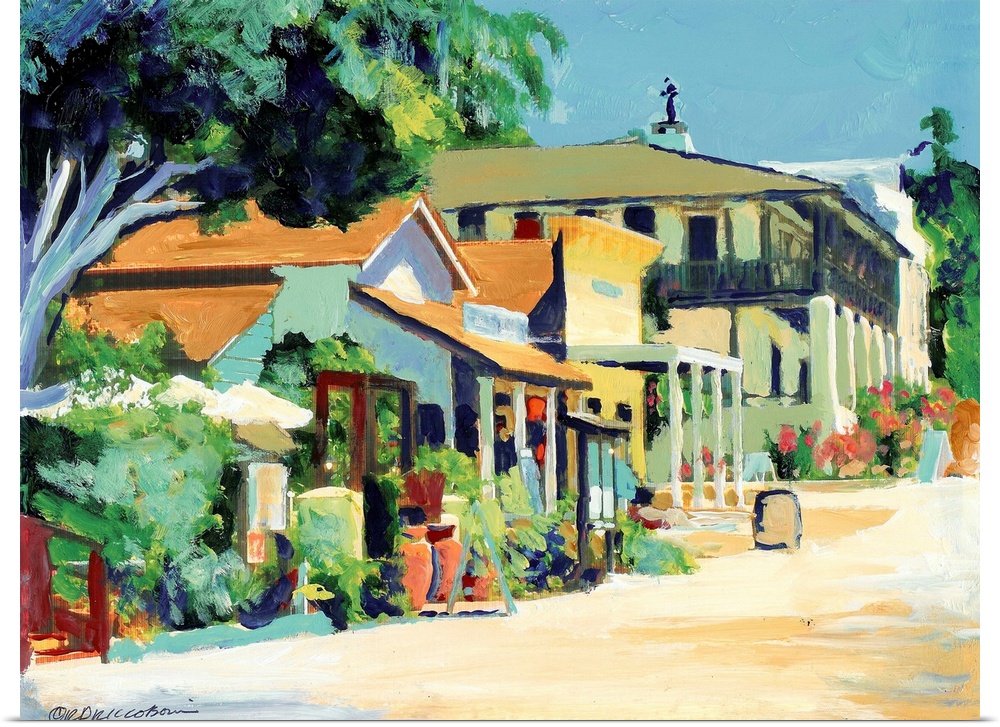Calhoun Street San Diego, painting on canvas by RD Riccoboni.  Historic buildings line the street where California and the...
