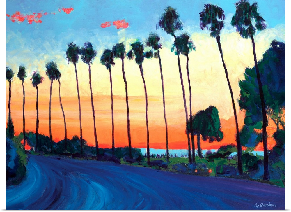 Painting of Coast Boulevard and Scripps Park at Sunset in La Jolla Cove.