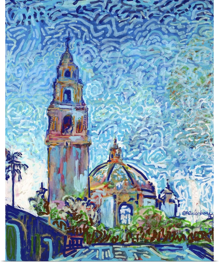 Vibrant impressionist style art work of The California Building - Museum of Man in Balboa Park.  When in San Diego, Califo...