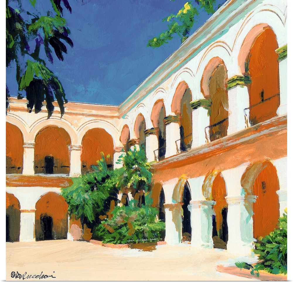 Double Arched courtyard of Casa del Prado in San Diego, California.  A Balboa Park painting by master California artist RD...
