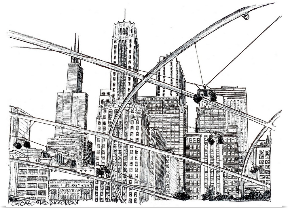 "Chicago" from Millennium Park, a drawing by Randy Riccoboni.
