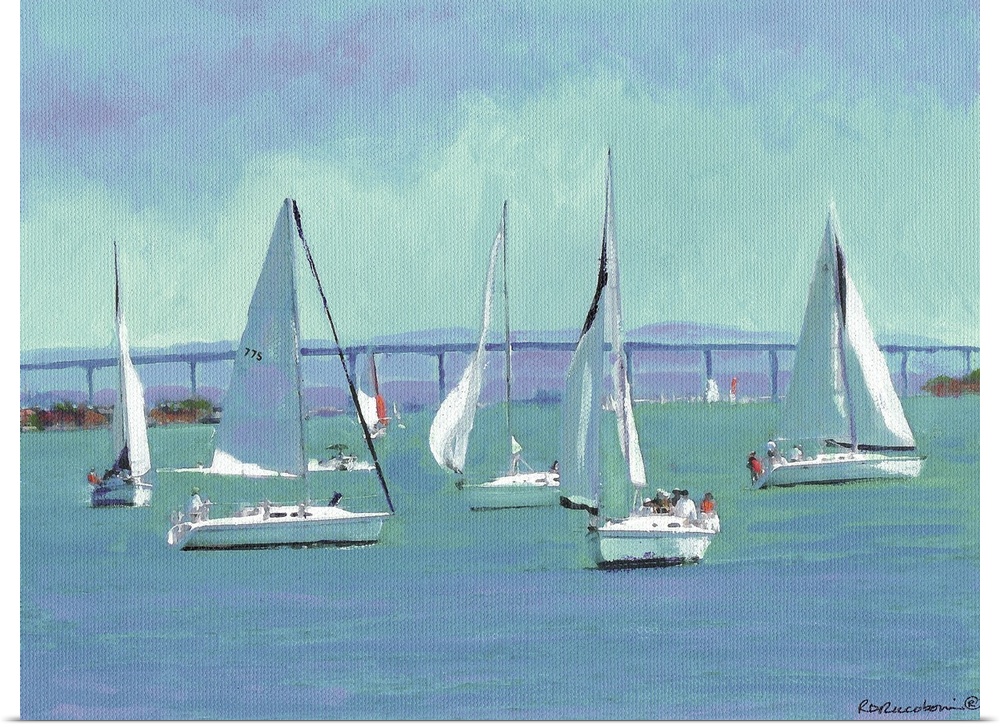 Contemporary painting of boats sailing  by the Coronado Bridge in San Diego Bay.