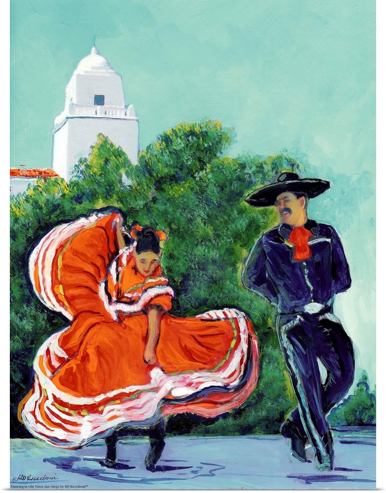Dancing in Old Town San Diego by RD Riccoboni.  Mexican folk dancers in California. Bright red, blue, green and Spanish ar...