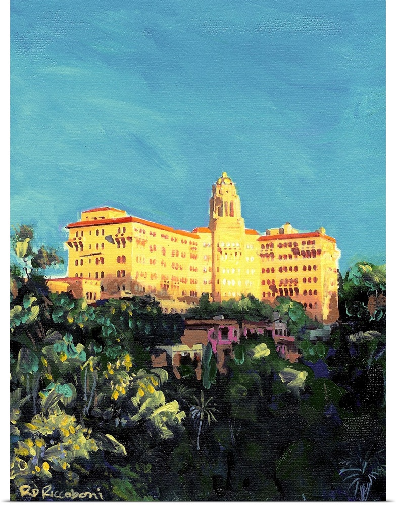 del Vista Arroyo, painting by RD Riccoboni.  The Spanish Colonial Revival style del Vista Arroyo building towers over its ...