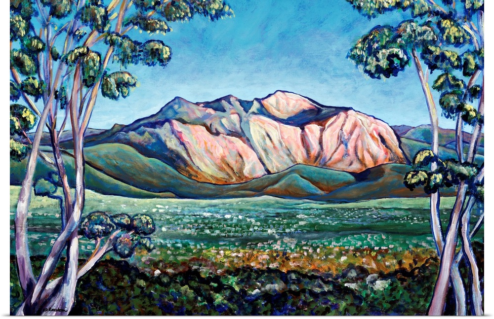 Rugged El Capitian - El Cajon Mountain, landscape painting by San Diego California artist RD Riccoboni.  Pink, Blue and gr...