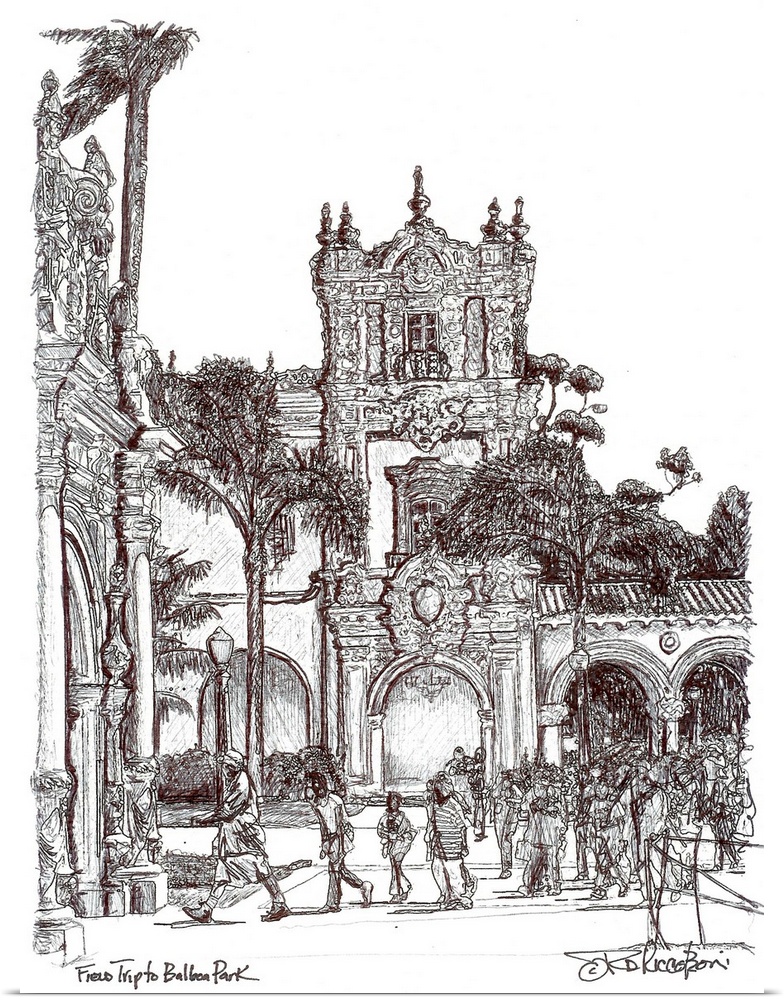 Field Trip to Balboa Park. Pen and Ink drawing by RD Riccoboni. A preliminary sketch for a painting of the same name.