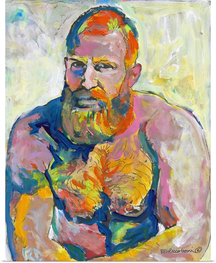 Fire Island Van Gogh by RD Riccoboni. Sexy muscle Ginger Bear painting of a muscular bearded man surrounded by splashes an...