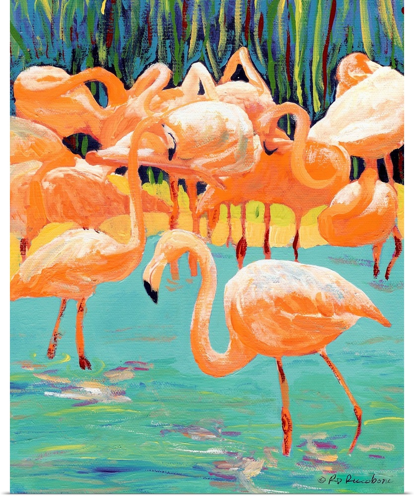 Flamingos by RD Riccoboni Acrylic on canvas bird painting 2009 San Diego CaliforniaAqua, orange, pink, teal, tropical retro