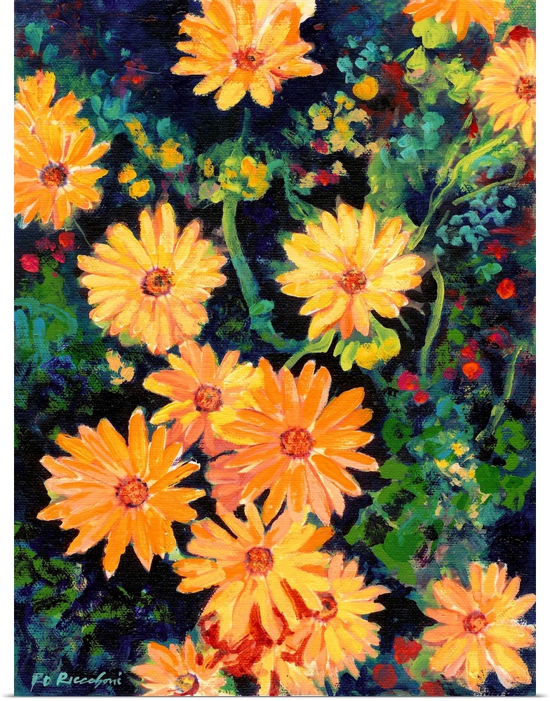 Golden Chrysanthemums painting by RD Riccoboni. Gold yellows greens and bues highlight this floral painting.