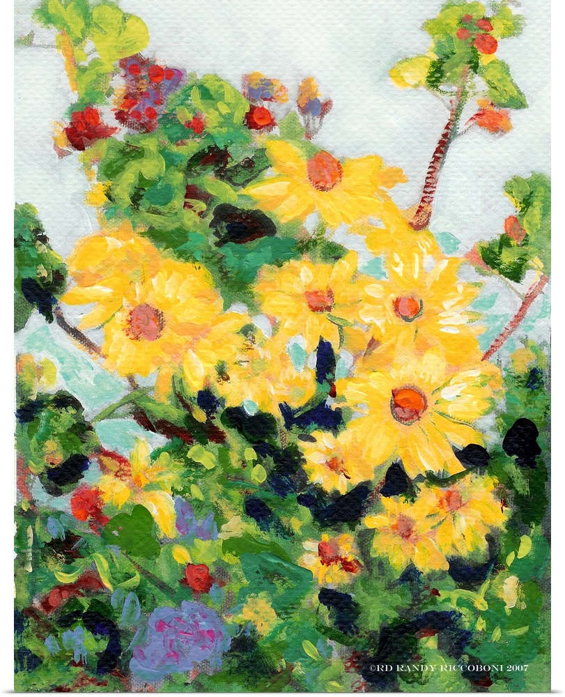 Good Morning by Riccoboni, Yellow daiseys and geranium buds.