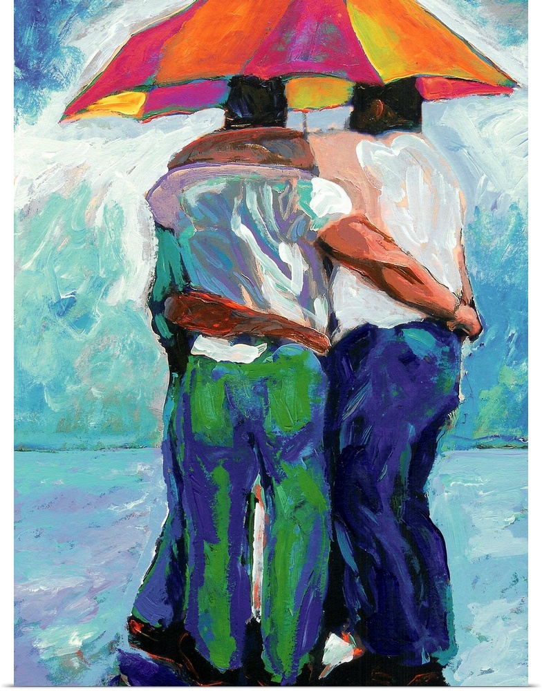 An impressionist style painting of friends together during a sudden rainstorm with one umbrella to share.