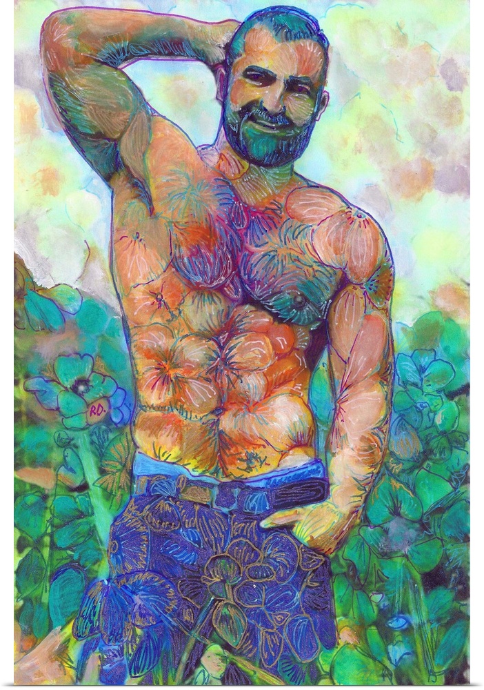 Hello Bear, a Flower Bear Garden painting by RD Riccoboni. A masculine man painted in a floral motif.