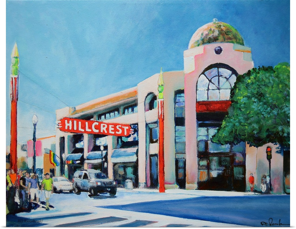 Hillcrest San Diego, painting by RD Riccoboni.  Corner of University and fifth Avenue where the famous Hillcrest sign hang...