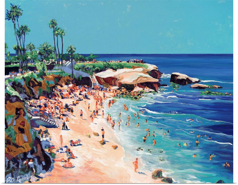 Painting of swimmers, surfers, snorkeling, and sun bathing at the world famous park and beach in La Jolla, San Diego.