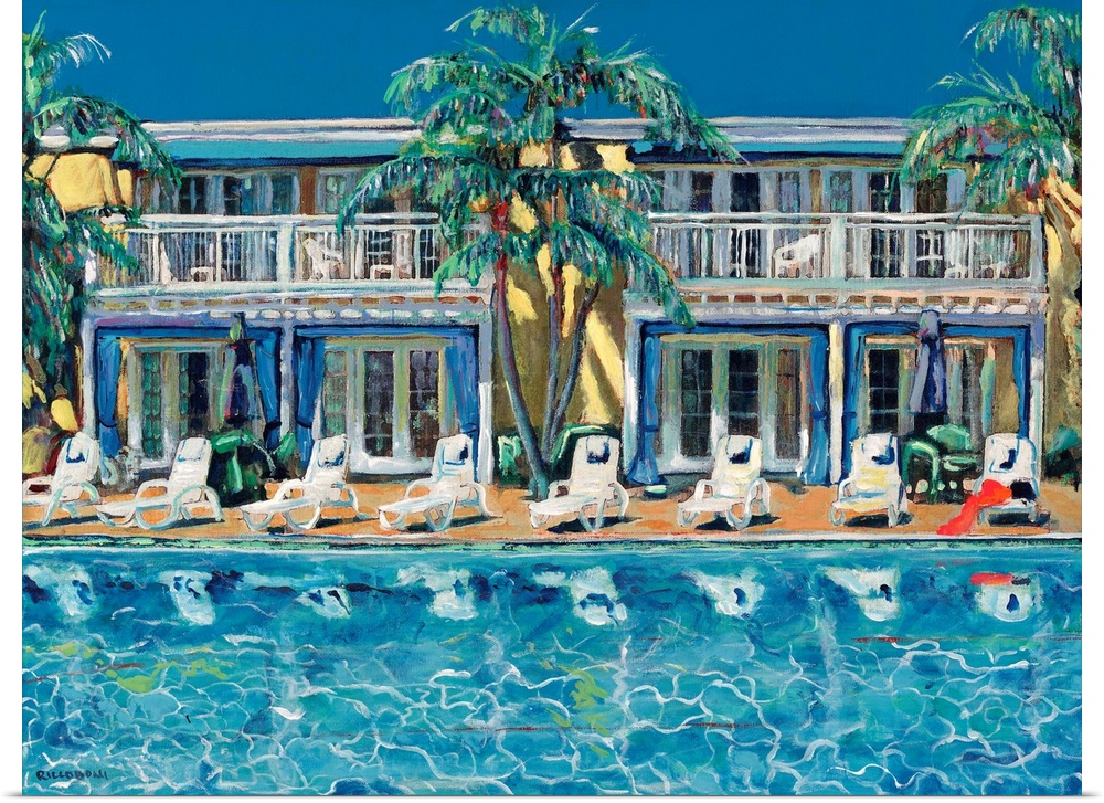 Shimmering Poolside in courtyard at the historic Lafayette Hotel swimming pool in San Diego California, acrylic painting o...