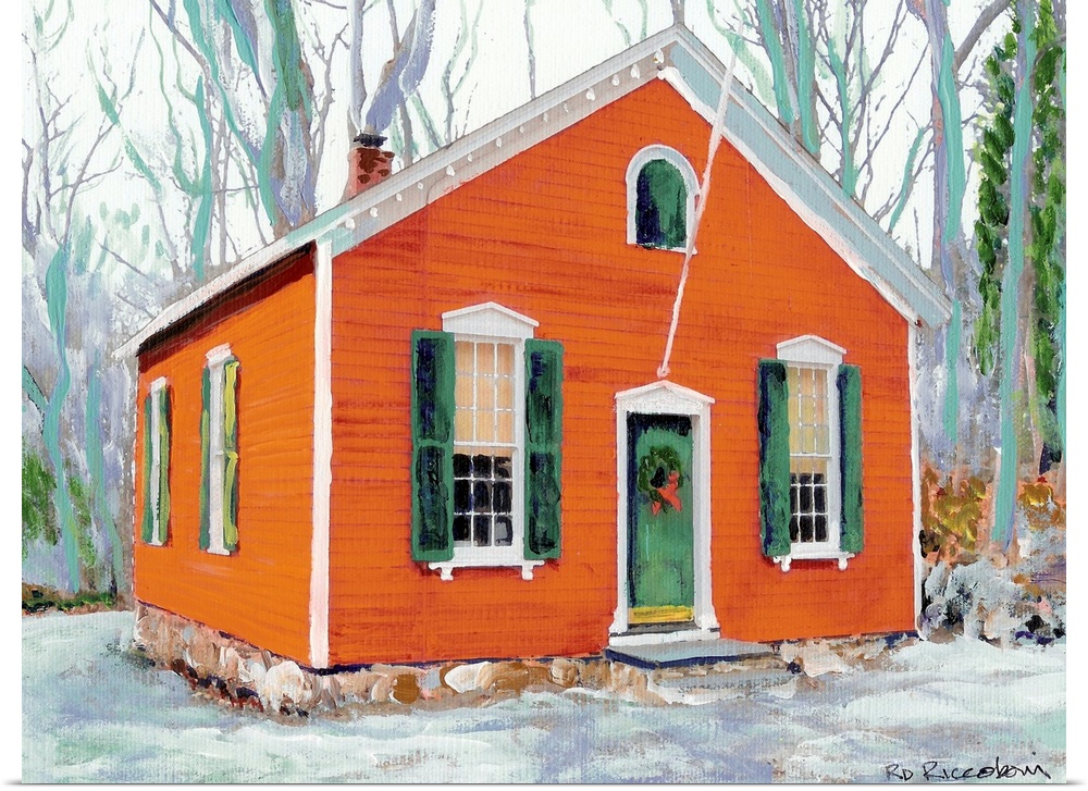 Contemporary painting of a little red schoolhouse. This Historic one room gem is in New Canaan, Connecticut.