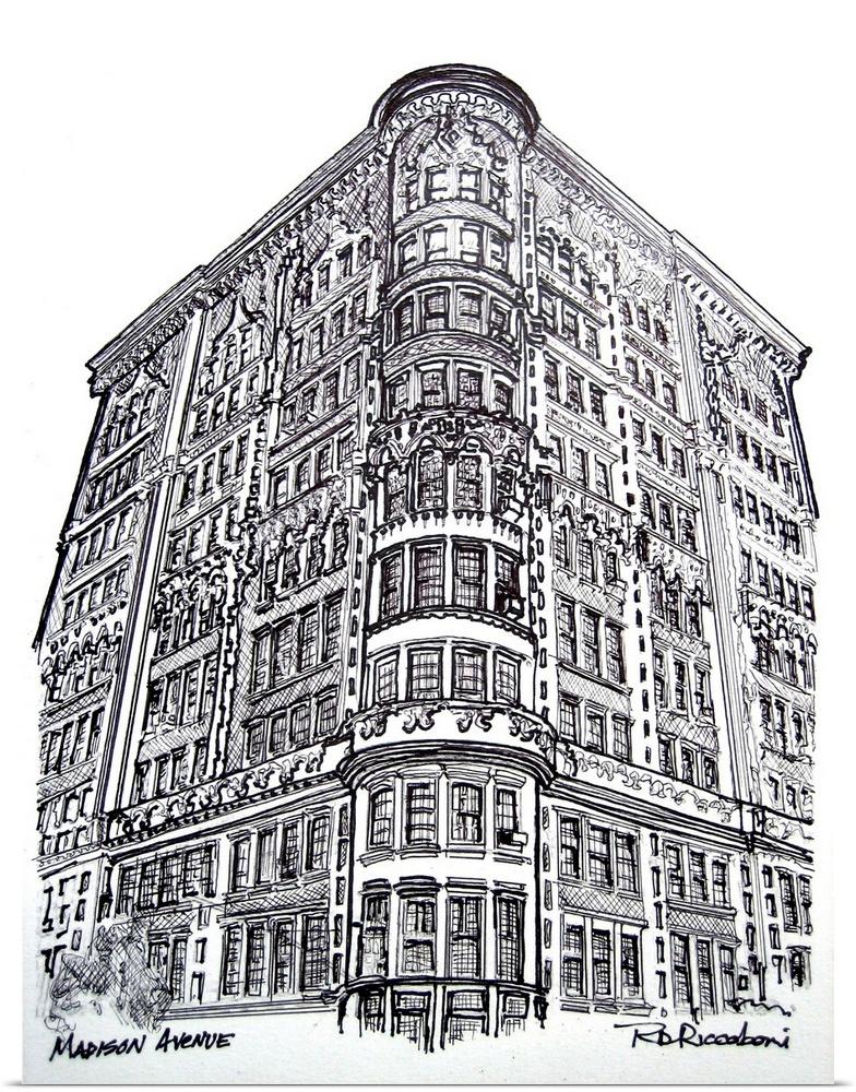Madison Avenue, New York City, pen and ink drawing by RD Riccoboni.