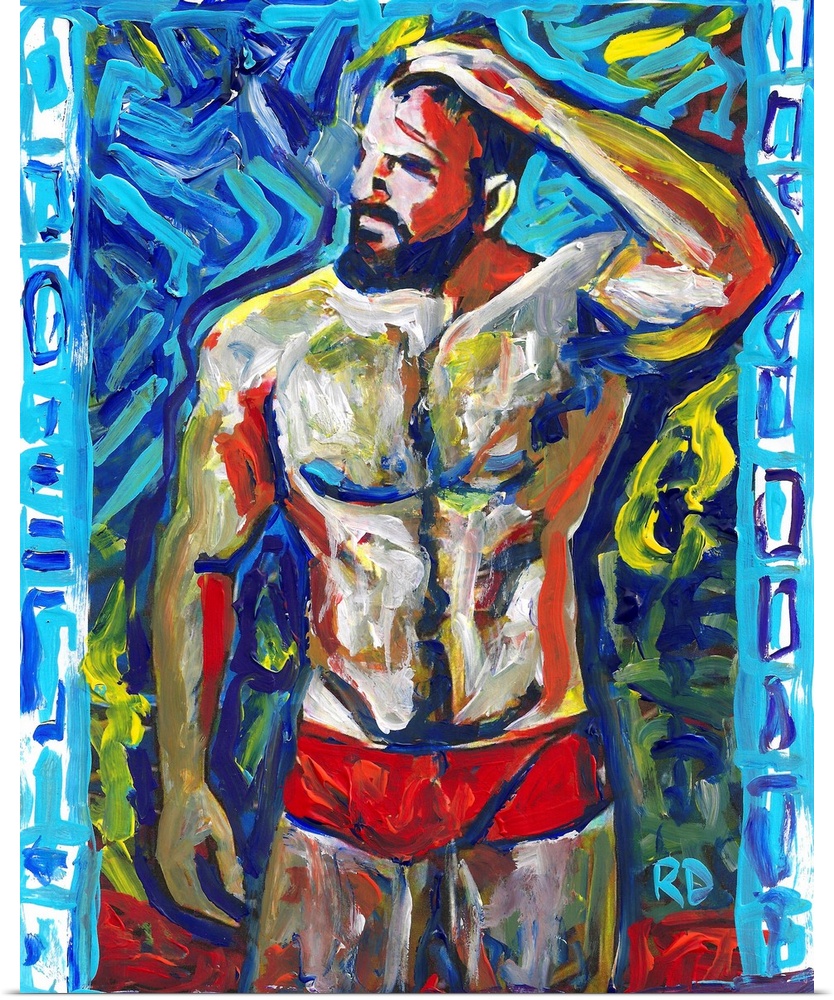 Man in Red by RD Riccoboni. A Contemporary impressionist style beefcake painting of a sexy dark haired bearded man in a re...