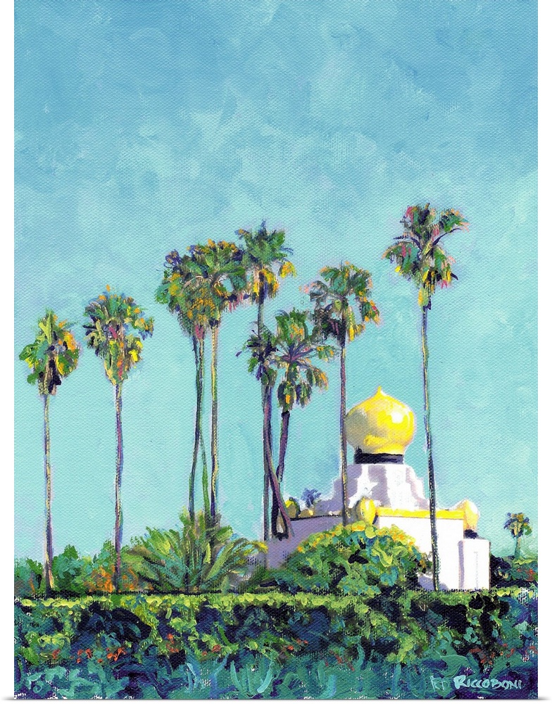 Painting of the Meditation Gardens at Swami's in Encinitas, California with palm trees surrounding it.