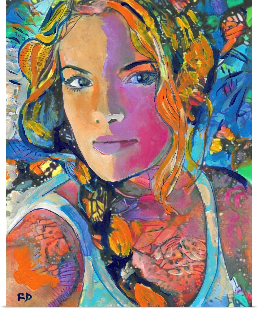 A surreal portrait of a woman in ponytails and a tank top with butterfly wings and bold color.