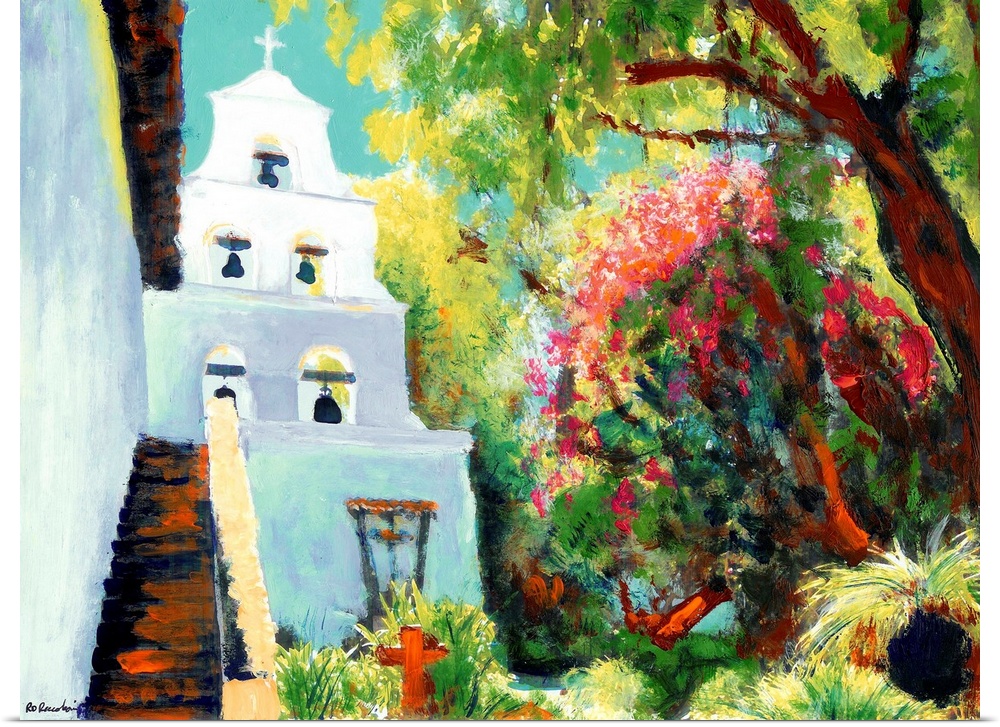 Painting by RD Riccoboni.  The courtyard of Mission San Diego de Alcala, California's oldest building and first mission an...