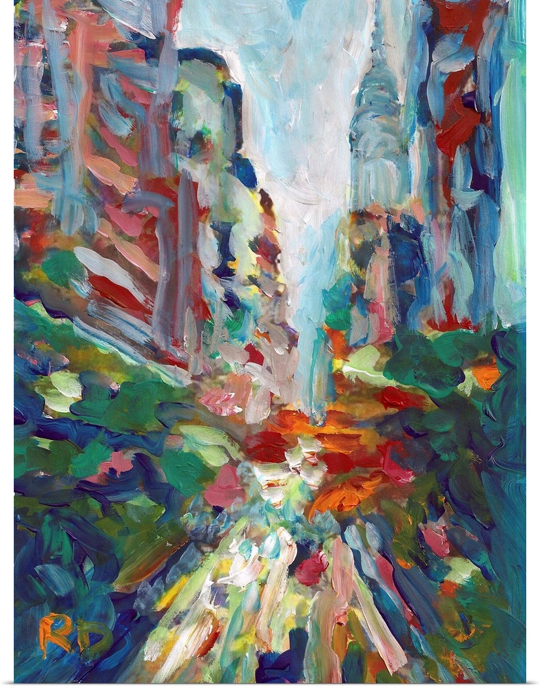 New York 42nd Street Chrysler Building by RD Riccoboni, Abstract painting of NYC in green, blue, red, orange, white and ye...