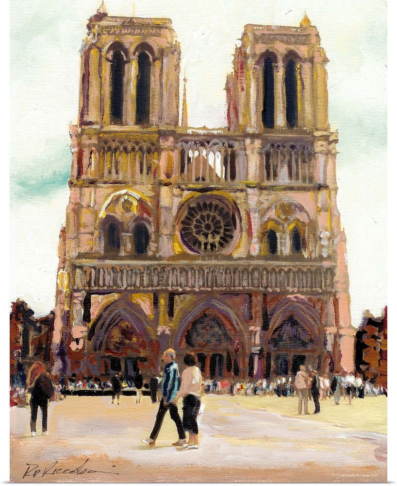 Painting of Notre Dame Cathedral in Paris, France with visitors in the foreground.