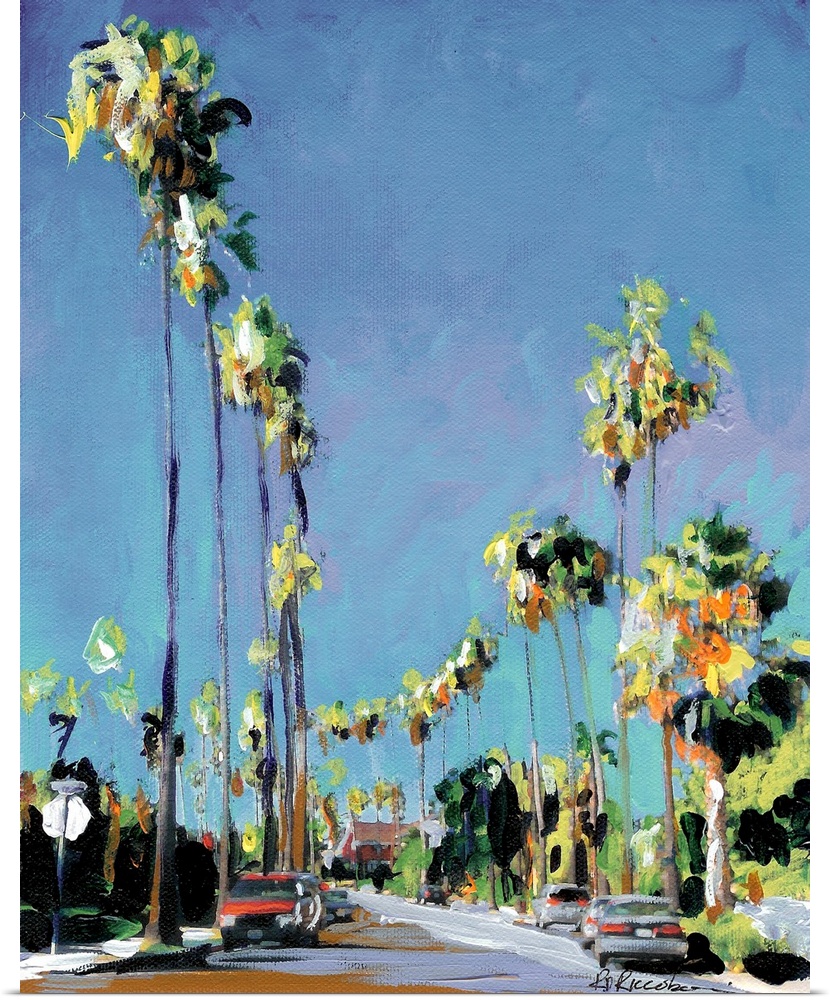 Contemporary painting of a San Diego street lined with palm trees and blue skies above.
