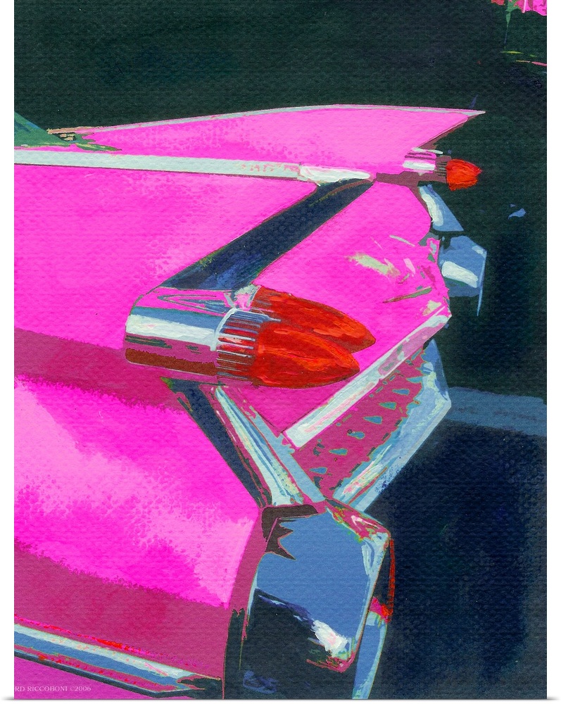 Pink-Fin Painting by RD Randy Riccoboni.  An Automotive portrait of a Cadillac in bright Pink offset by blue black chrome ...